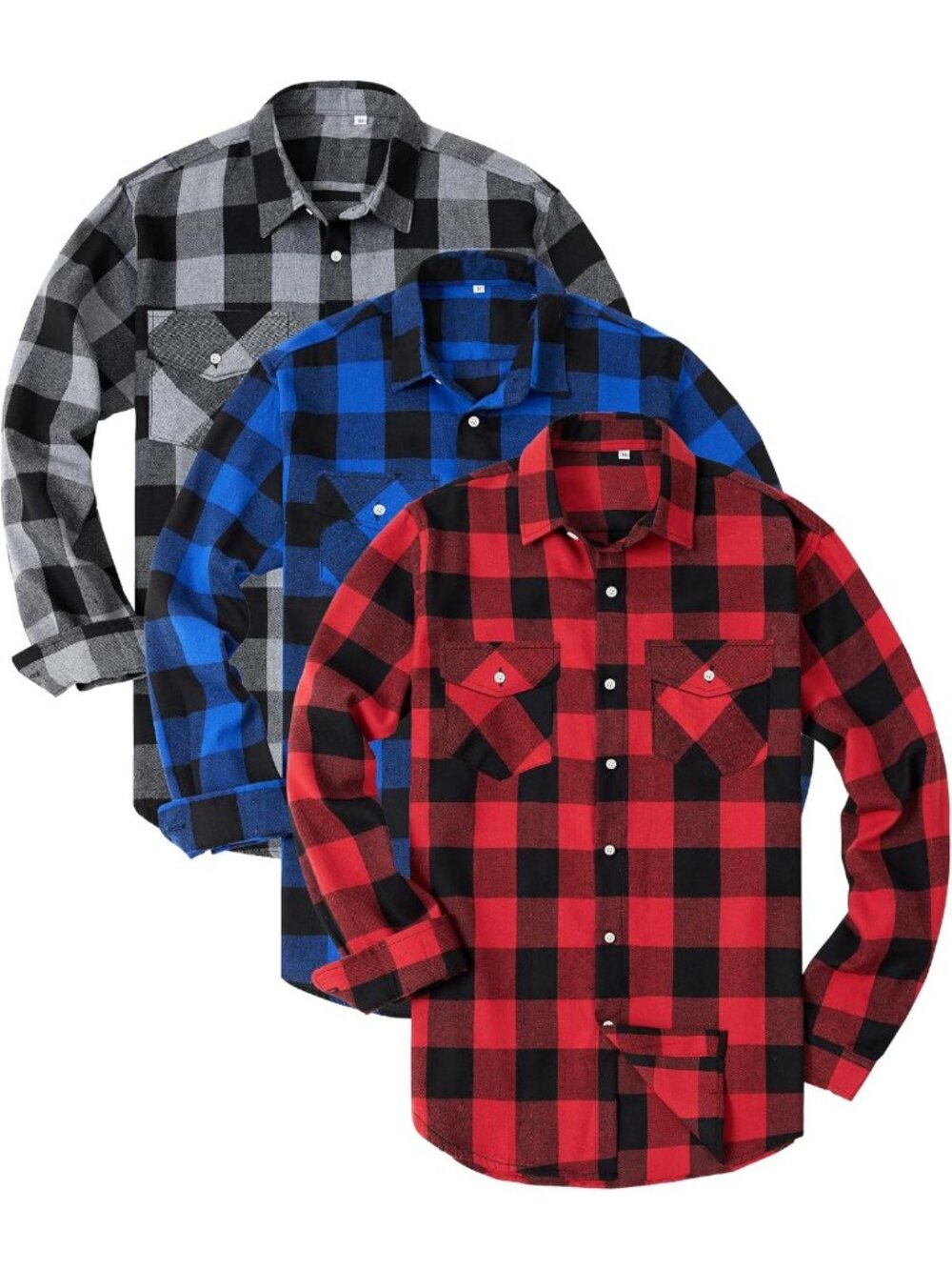 3 Pack Men's Long Sleeve Plaid Flannel Shirts - Casual Button Down Tops